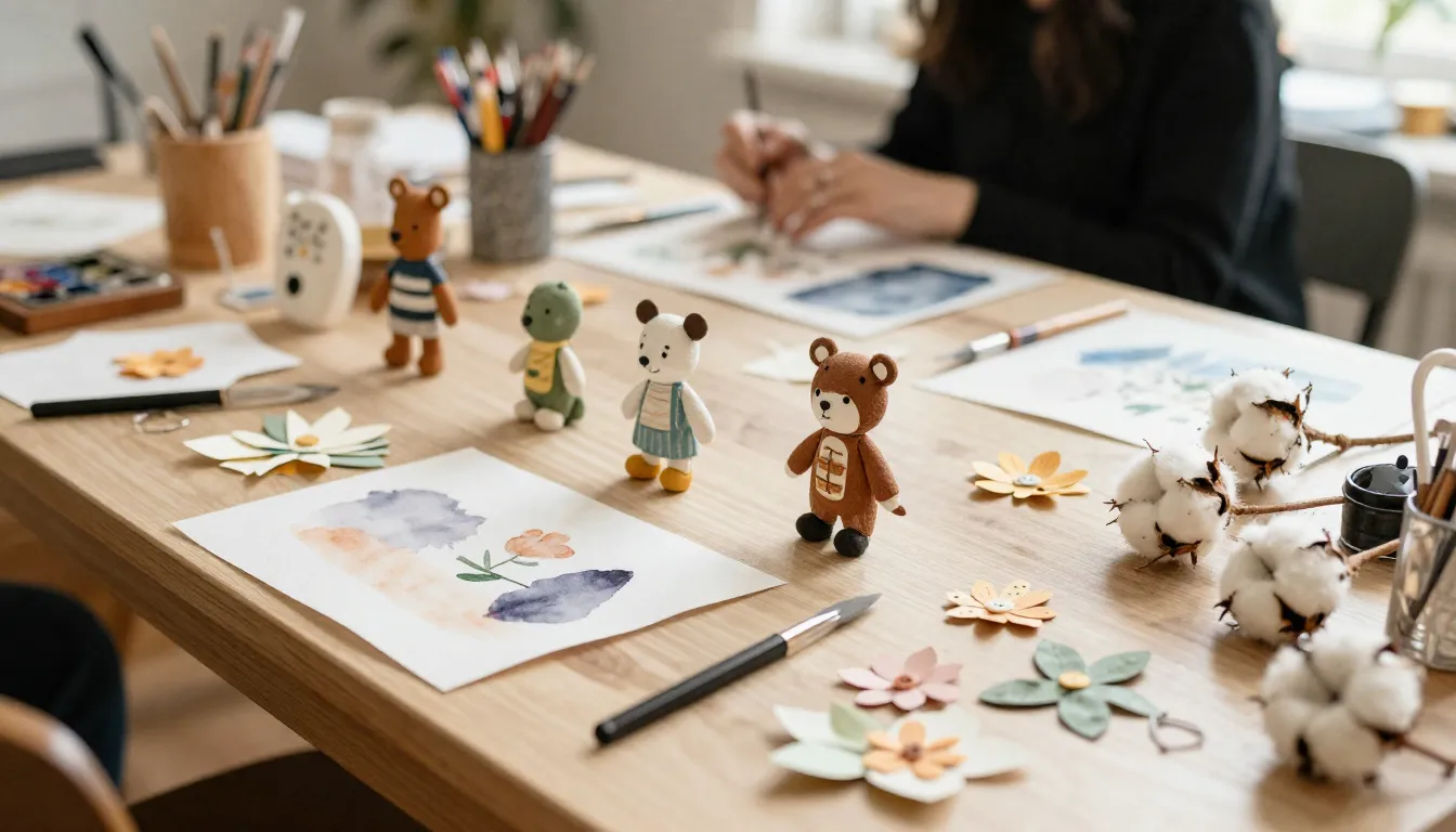 Watercolor style. A cozy craft workshop table with handmade ...