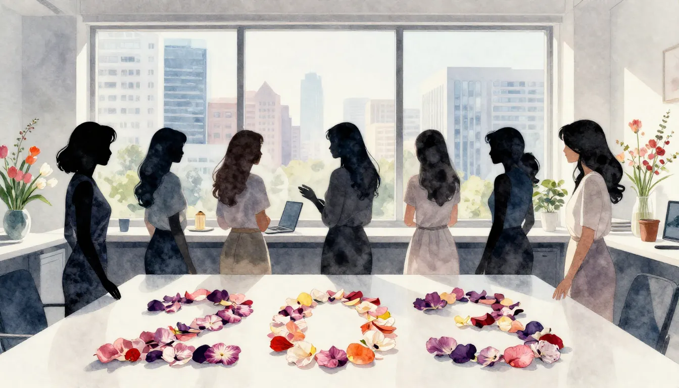 Watercolor style. Silhouettes of a group of women in a brigh...