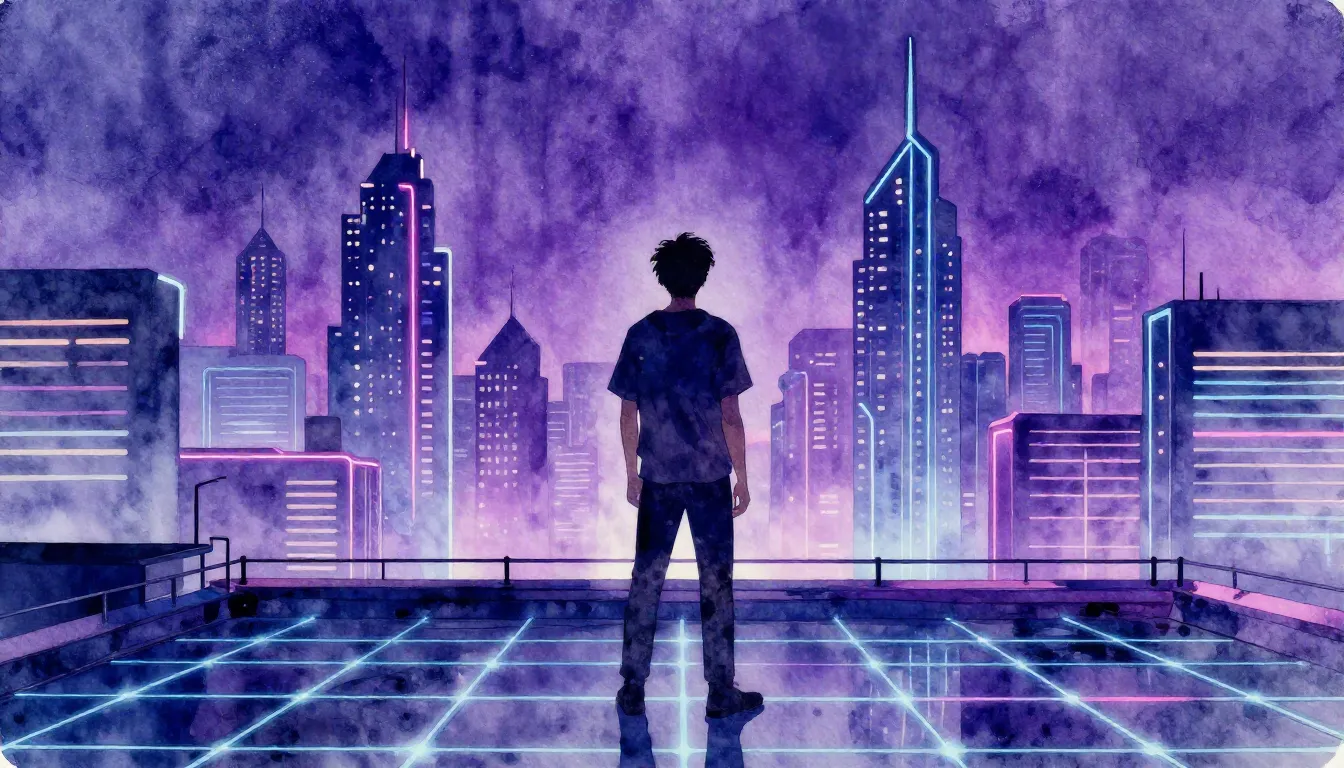 Watercolor style. A silhouette of a young man standing on a ...