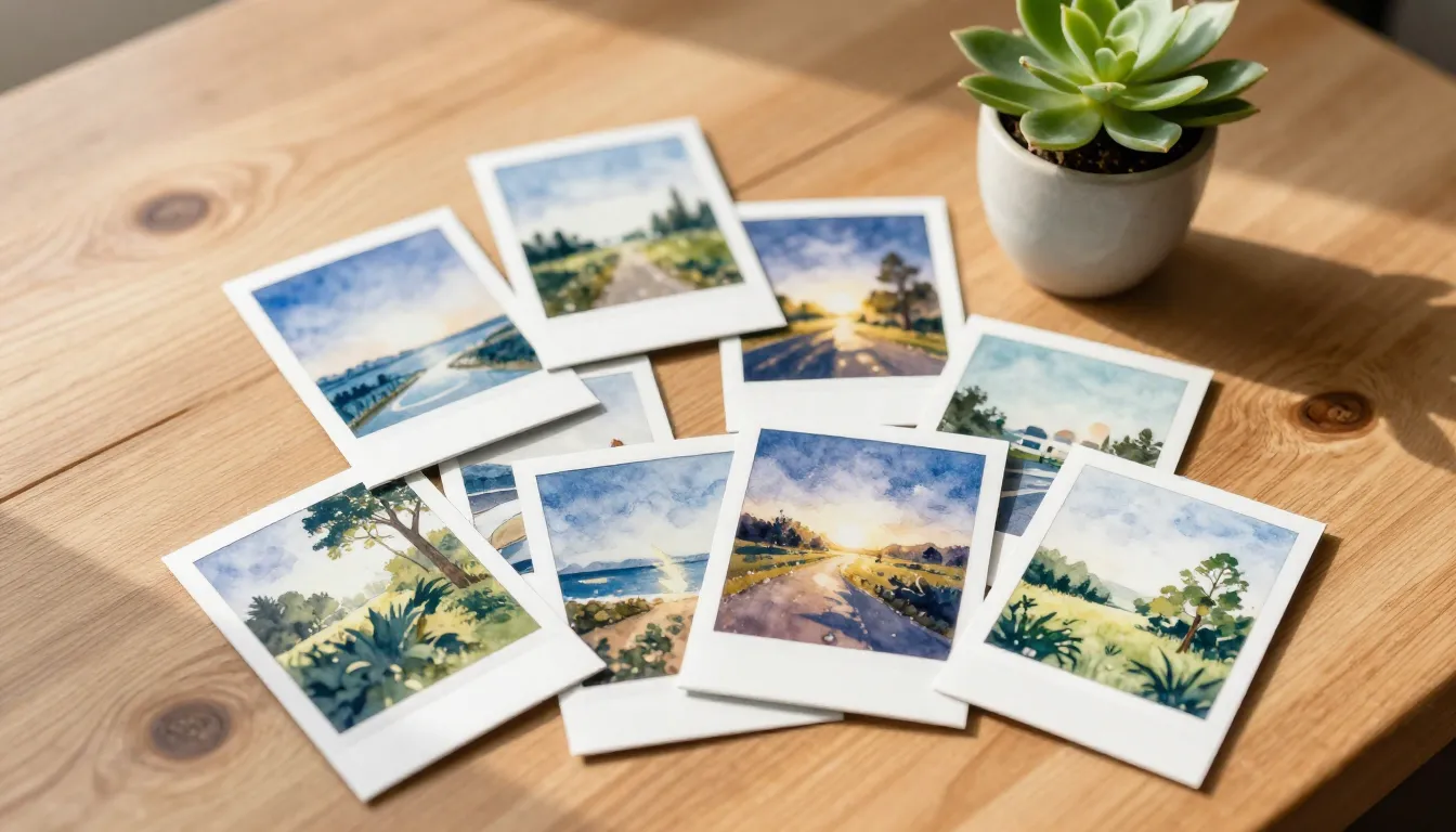 Watercolor style. A cozy wooden table with several printed p...