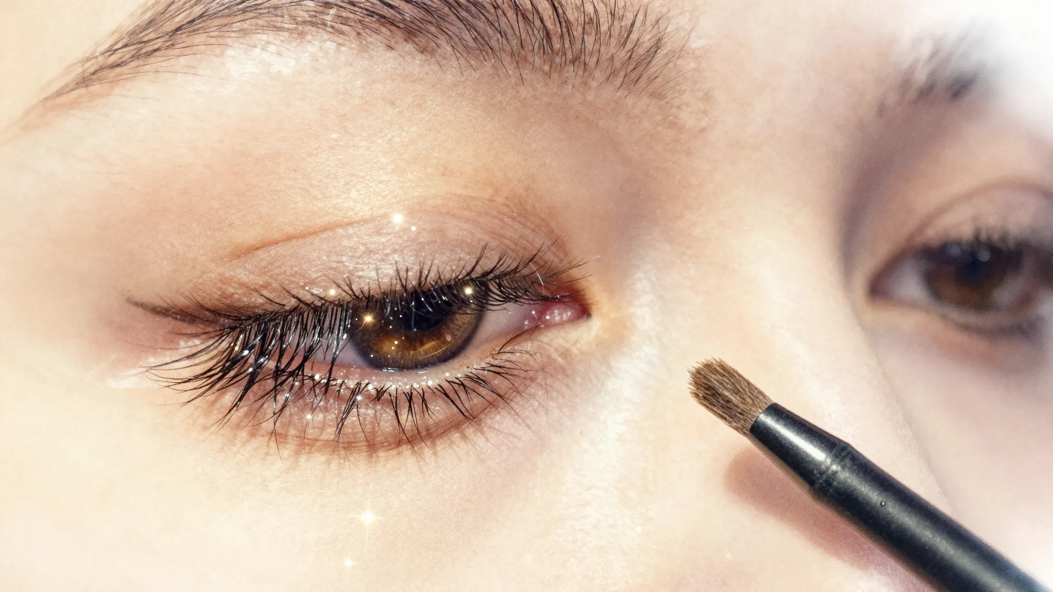 Watercolor style. Macro shot of long curled eyelashes, golde...