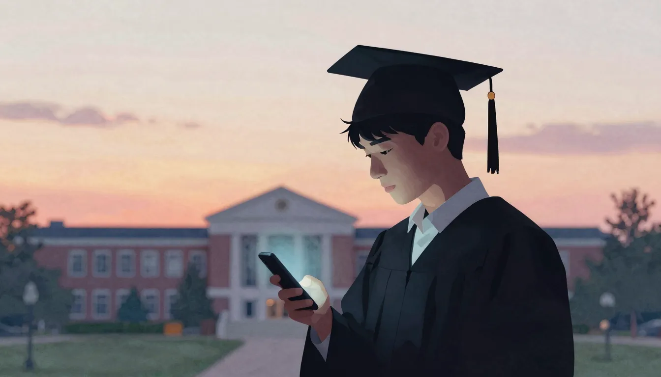 Watercolor style. A silhouette of a young man in a graduatio...