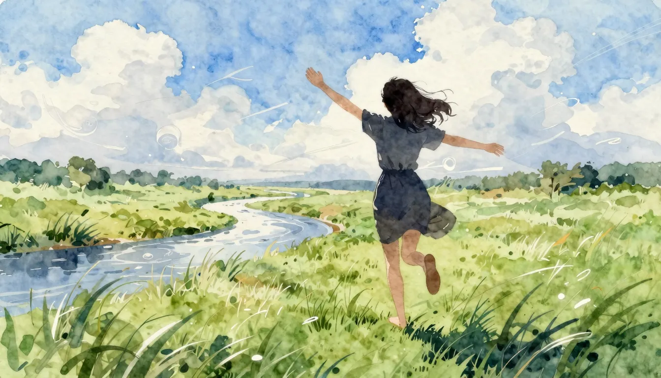 Watercolor style. A silhouette of a woman with arms outstret...