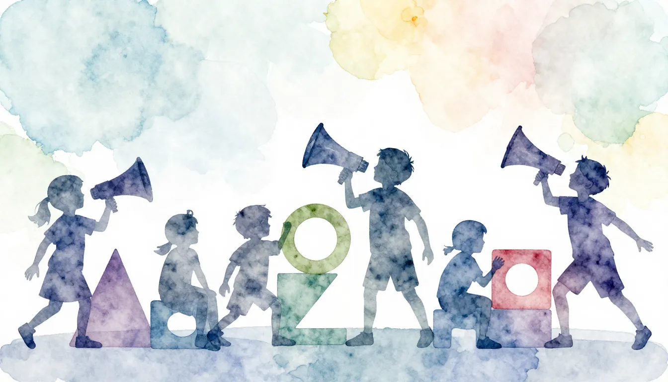 Watercolor style. Silhouettes of small children playing with...