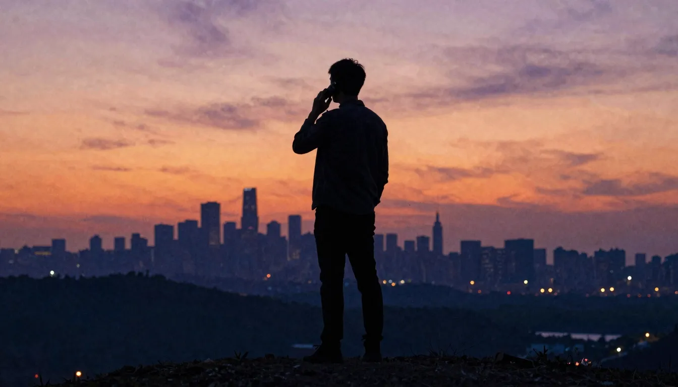 Watercolor style. A silhouette of a man standing on a hill a...