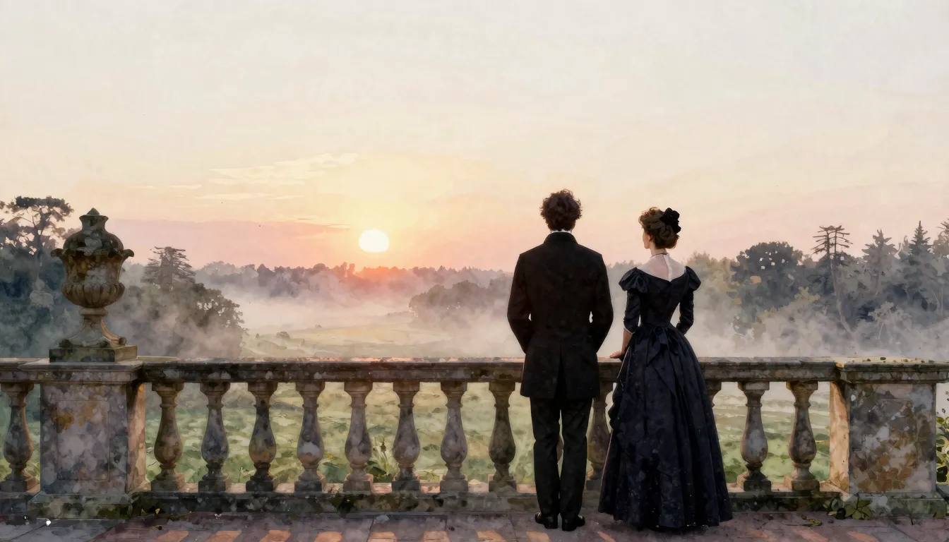 Watercolor style. Silhouettes of a man and a woman in 19th-c...