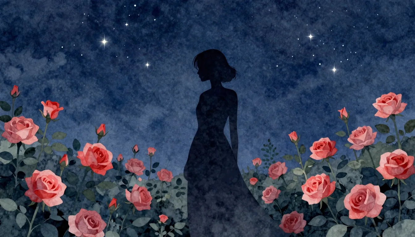 Watercolor style. A silhouette of a woman standing in a gard...