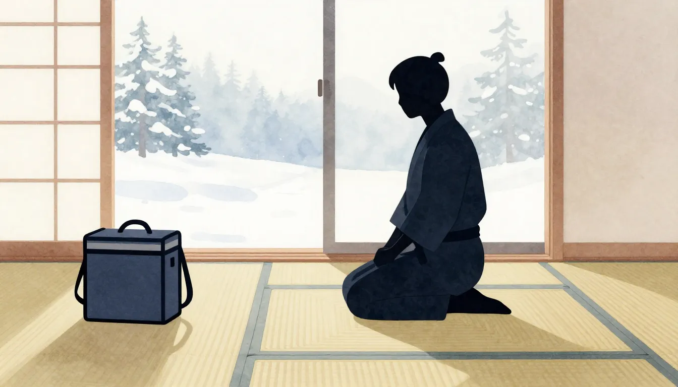 Watercolor style. Silhouette of a martial artist on a tatami...