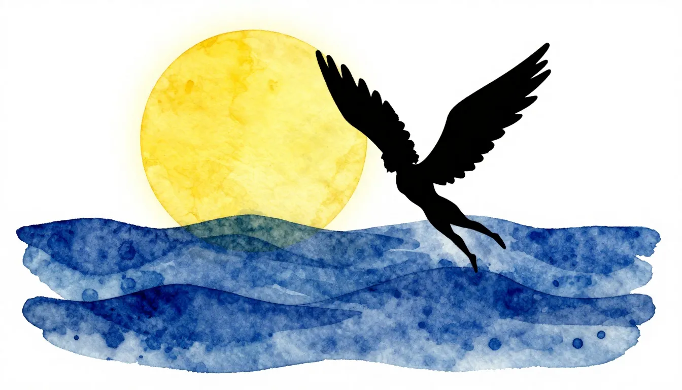 Watercolor style. Silhouette of a winged figure falling from...