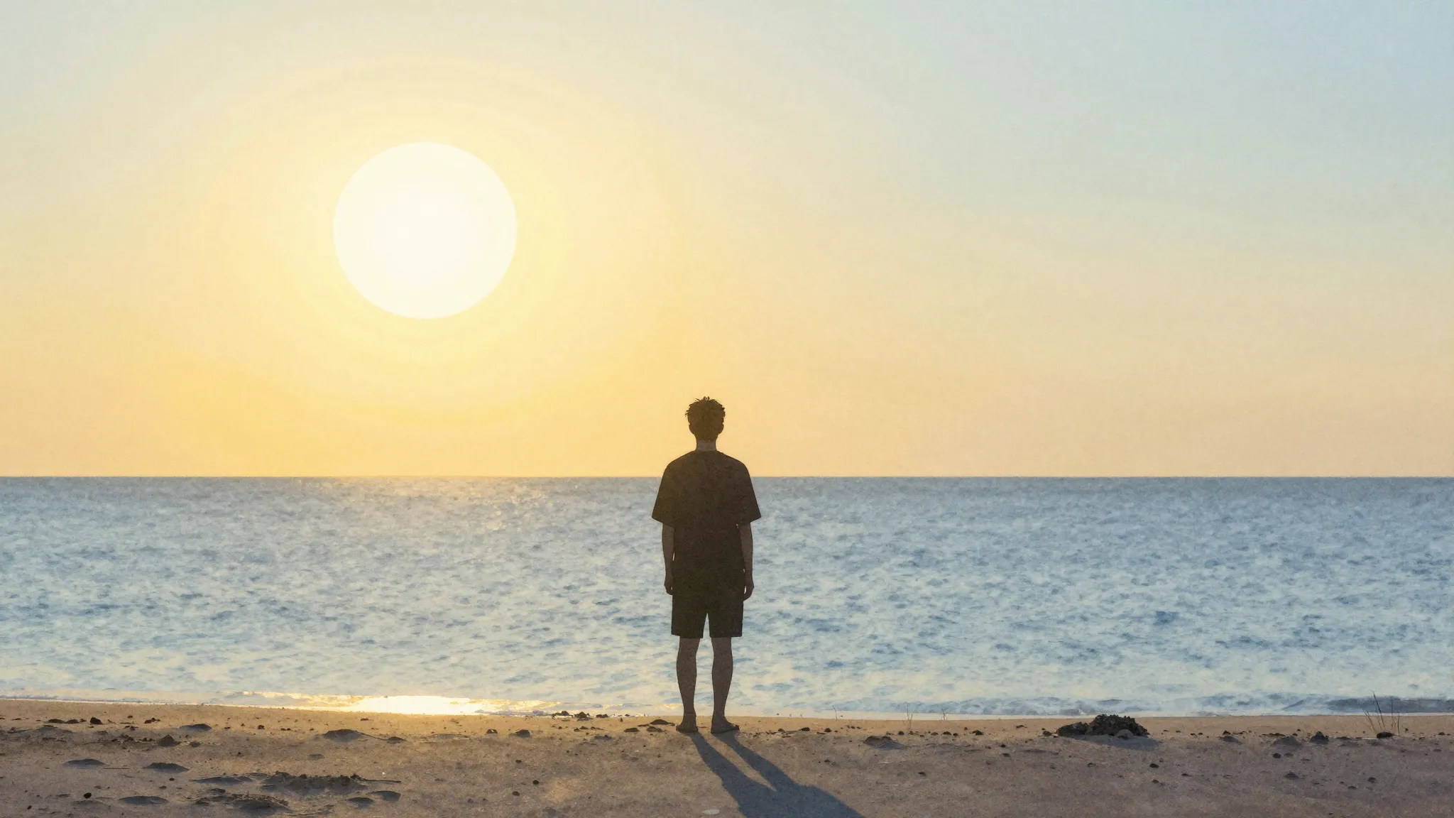 Watercolor style. A silhouette of a person standing on a pea...