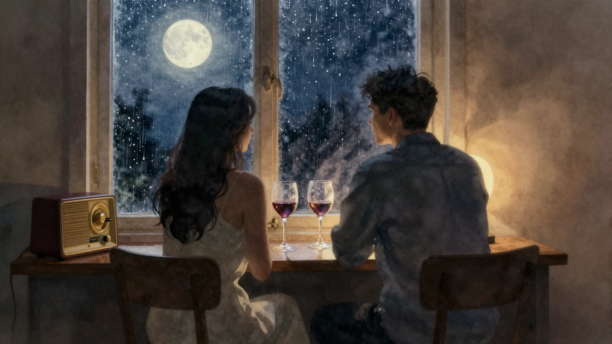 Watercolor style. A silhouette of a couple sitting by a wind...