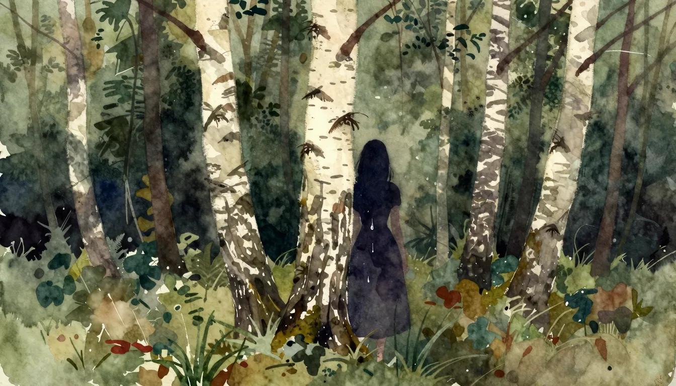 Vibrant watercolor style. A lone birch tree in a melancholic...