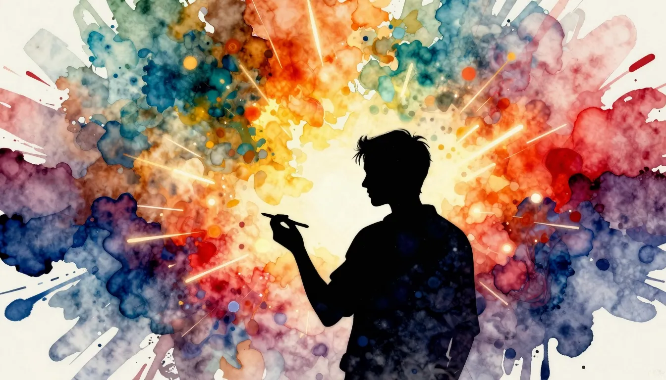Watercolor style. Silhouette of a creator in front of a vibr...