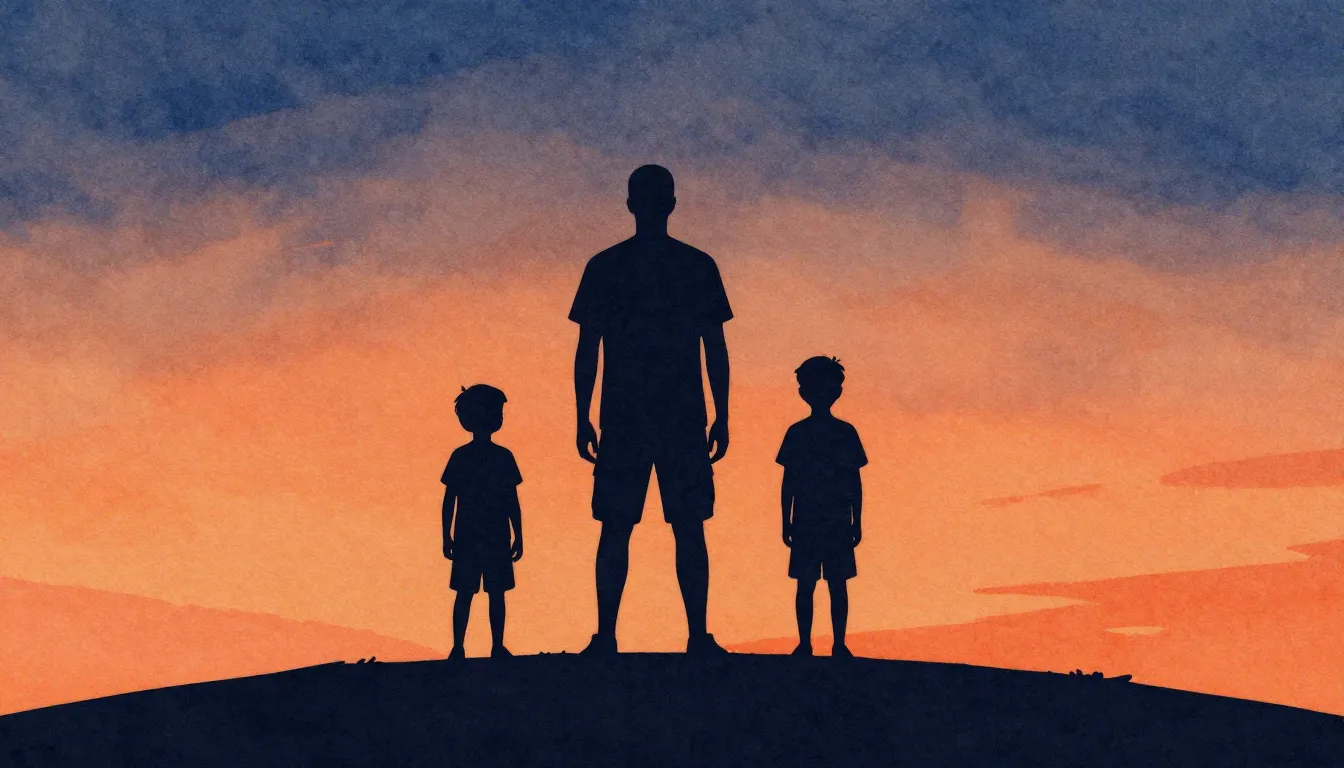 Watercolor style. Silhouettes of a tall man and two boys of ...