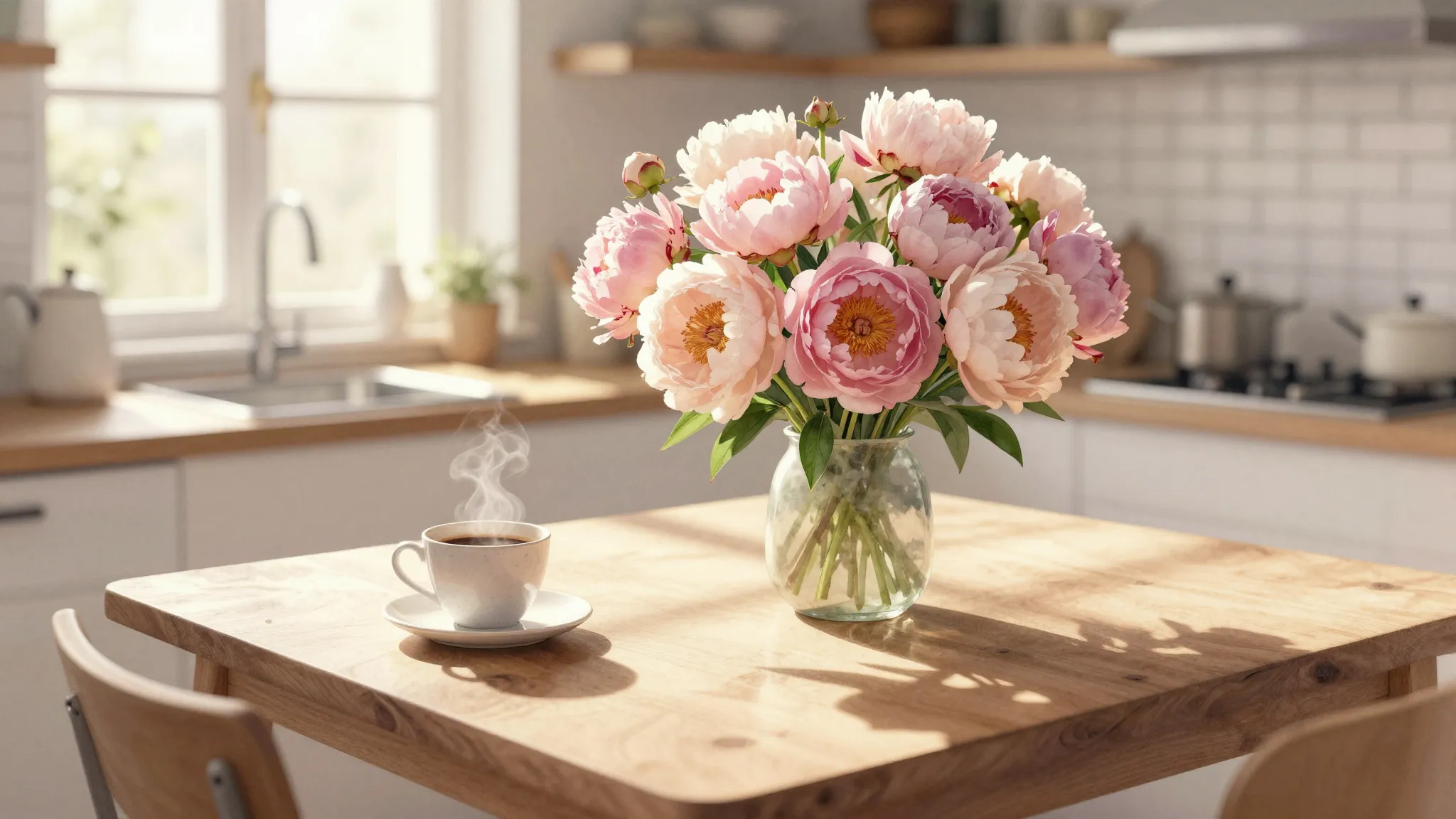 Watercolor style. A cozy kitchen table with a cup of coffee ...