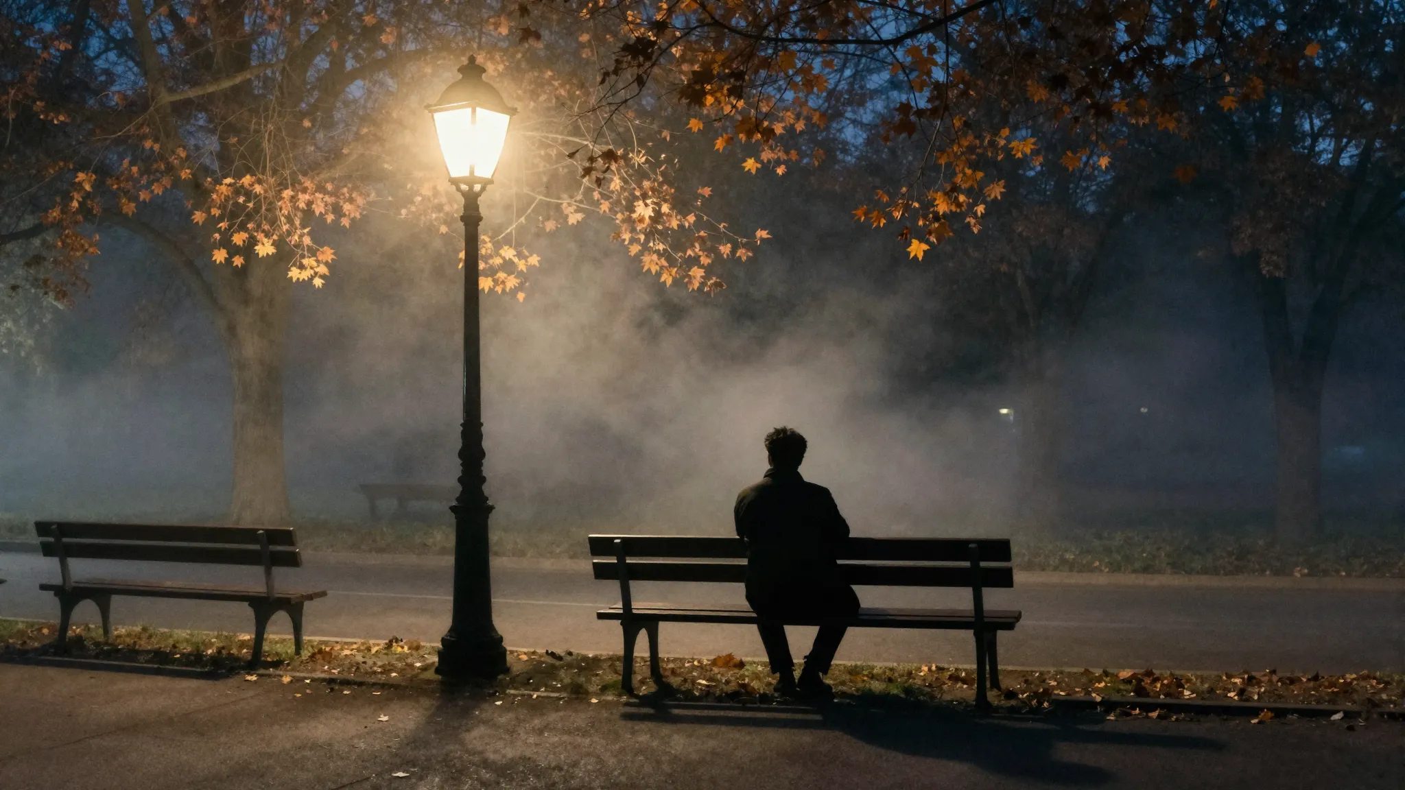Watercolor style. Silhouette of a lonely man sitting on a be...