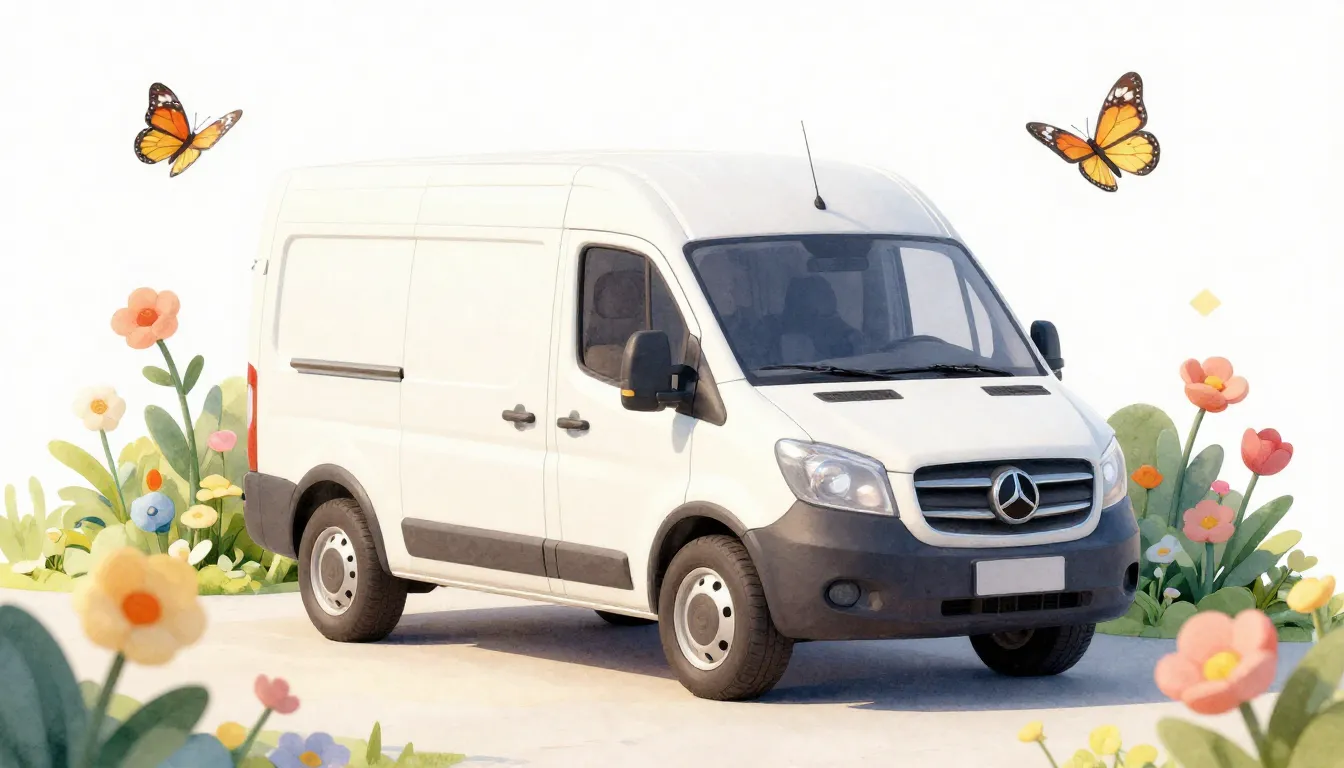 Watercolor style. A stylized 3D delivery van surrounded by b...