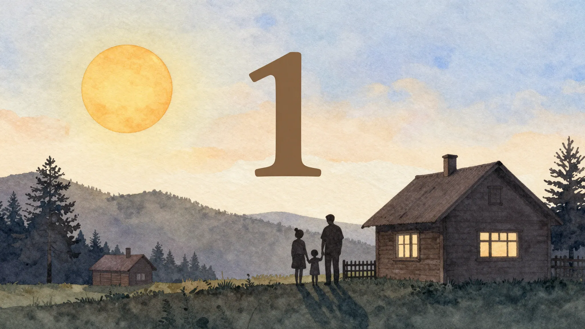 Watercolor style. A silhouette of a family standing near a c...