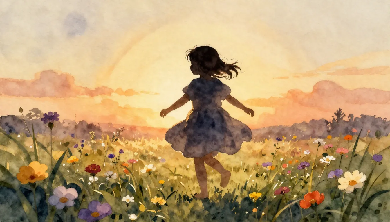 Watercolor style. A silhouette of a small girl spinning in a...