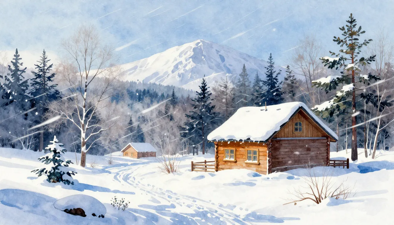Vibrant watercolor style. Winter northern landscape, snow-co...