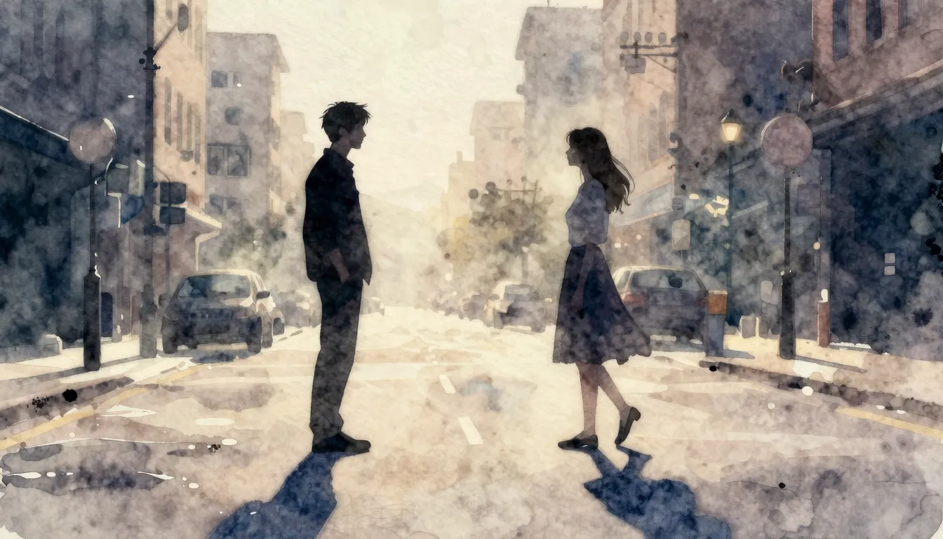 Watercolor style. Silhouette of a man looking at a silhouett...