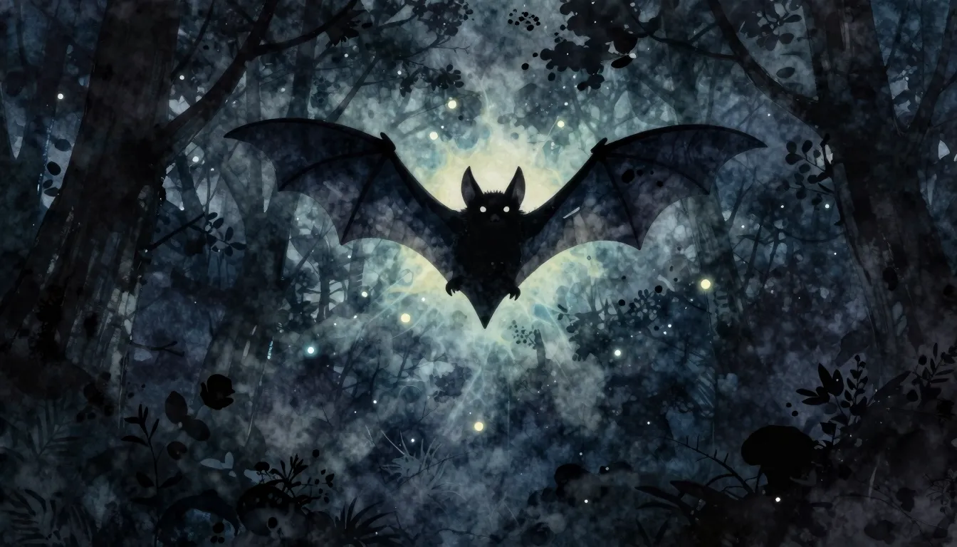 Watercolor style. Silhouette of a bat flying in the night sk...