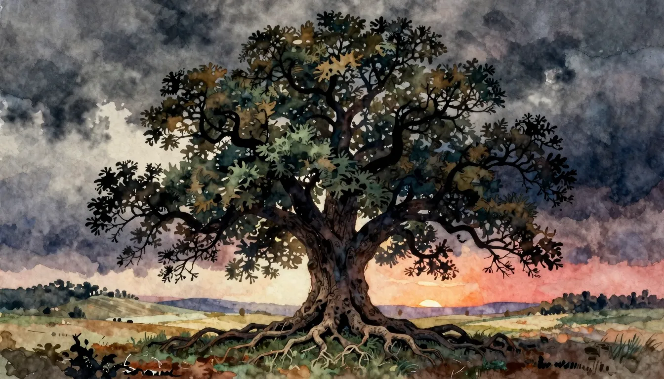 Vibrant watercolor style. Folk album cover. A majestic, anci...