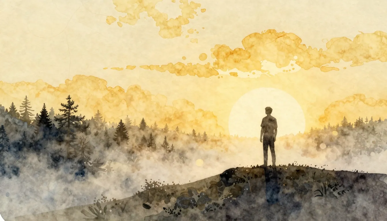 Watercolor style. A serene sunrise over a misty forest, gold...