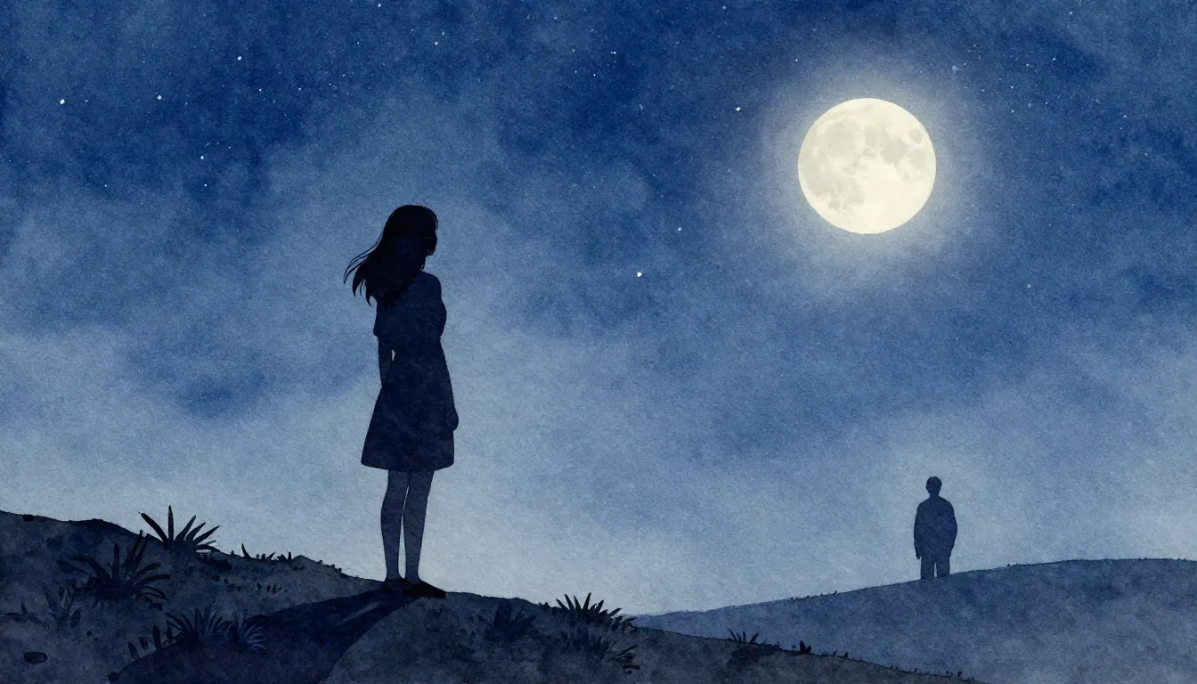 Watercolor style. A silhouette of a woman standing on a hill...