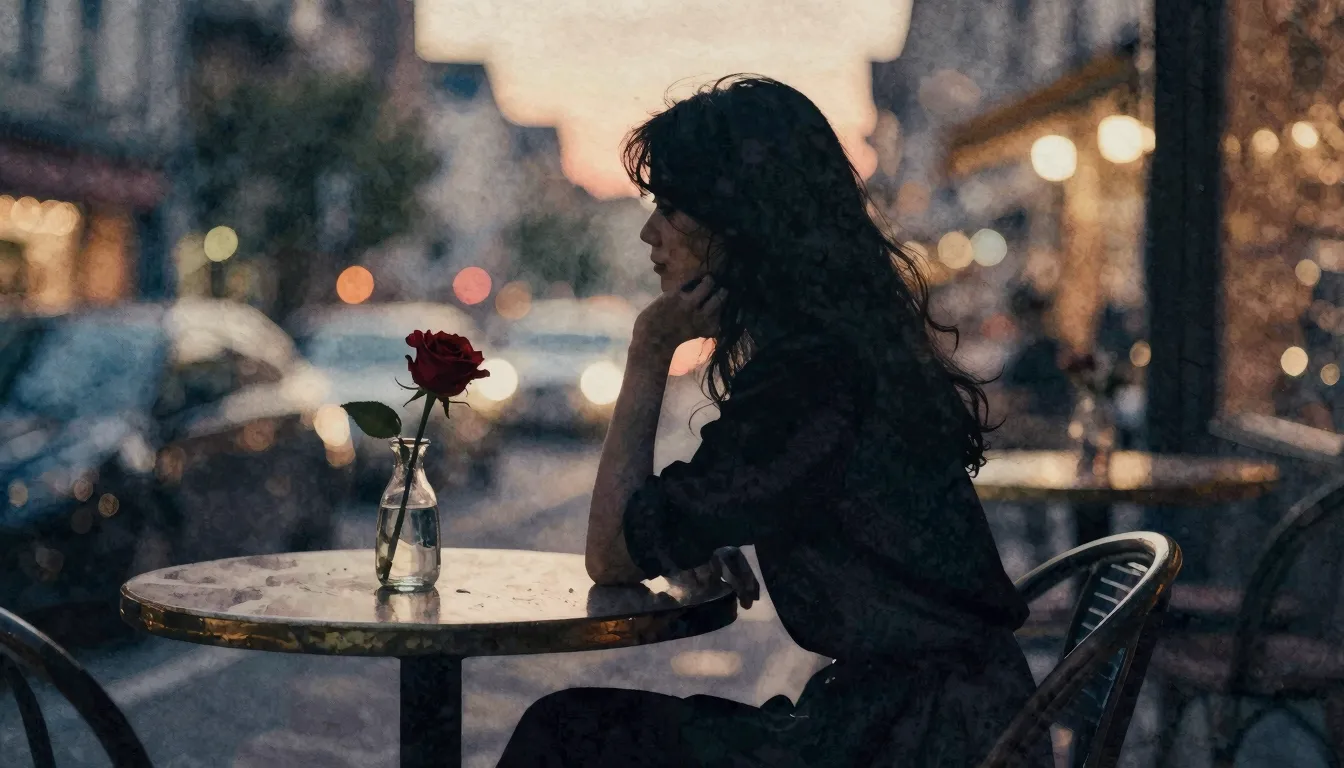 Watercolor style. A silhouette of a woman sitting at a cafe ...