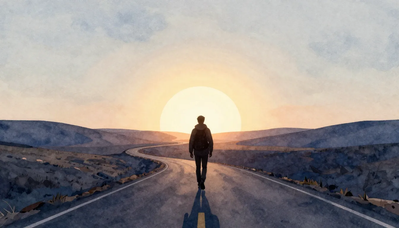 Watercolor style. A dark silhouette of a traveler walking on...