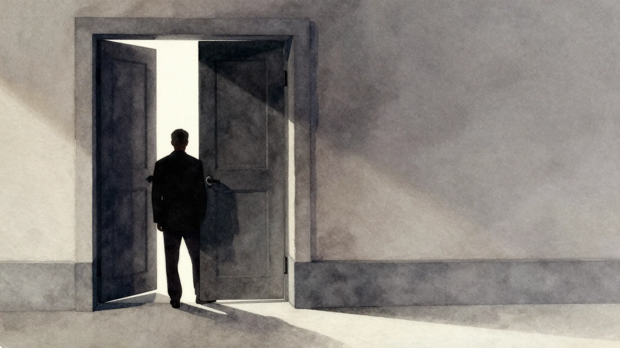 Watercolor style. A dark silhouette of a figure standing beh...