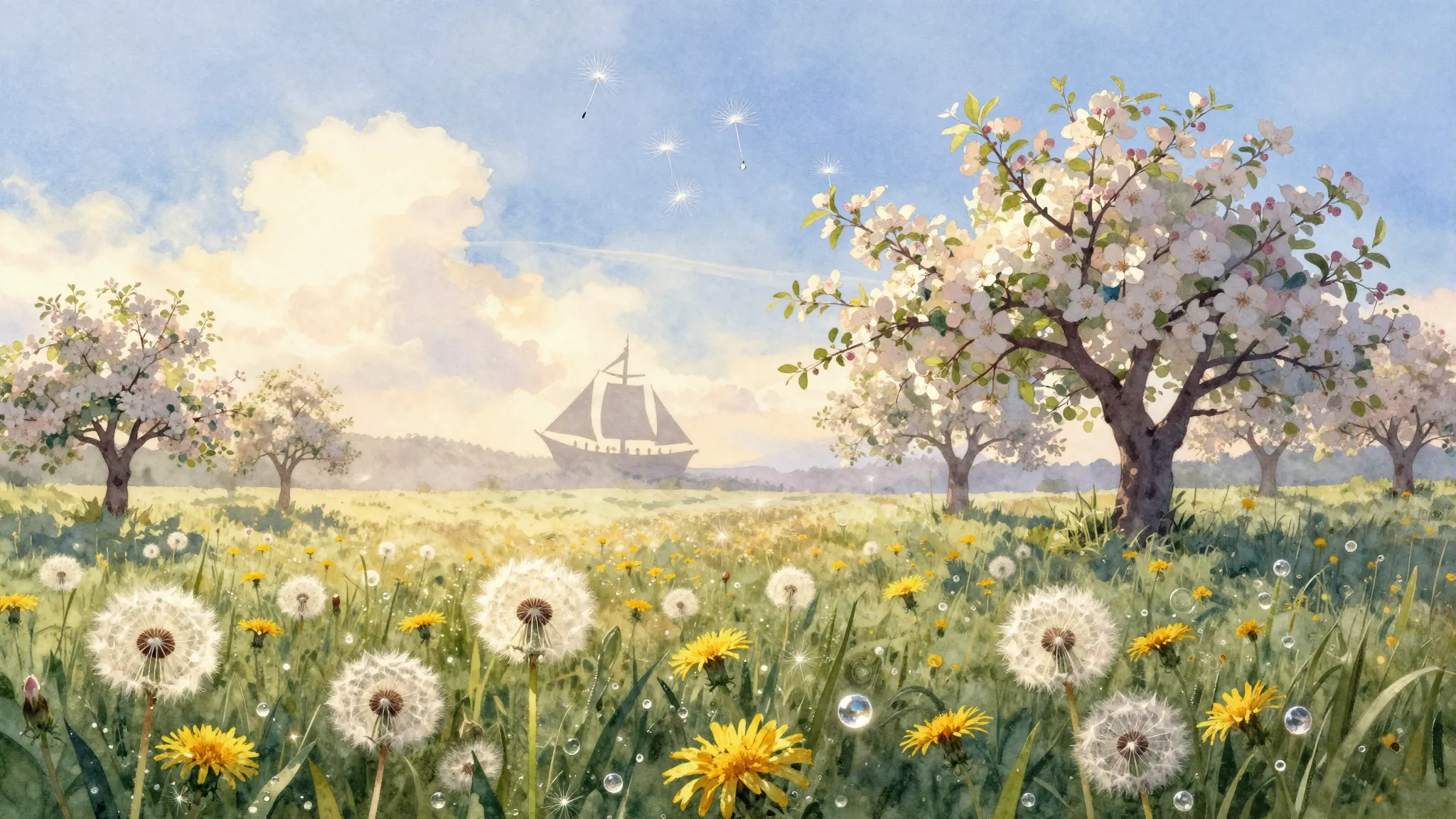 Watercolor style. A serene summer landscape at dawn. A field...