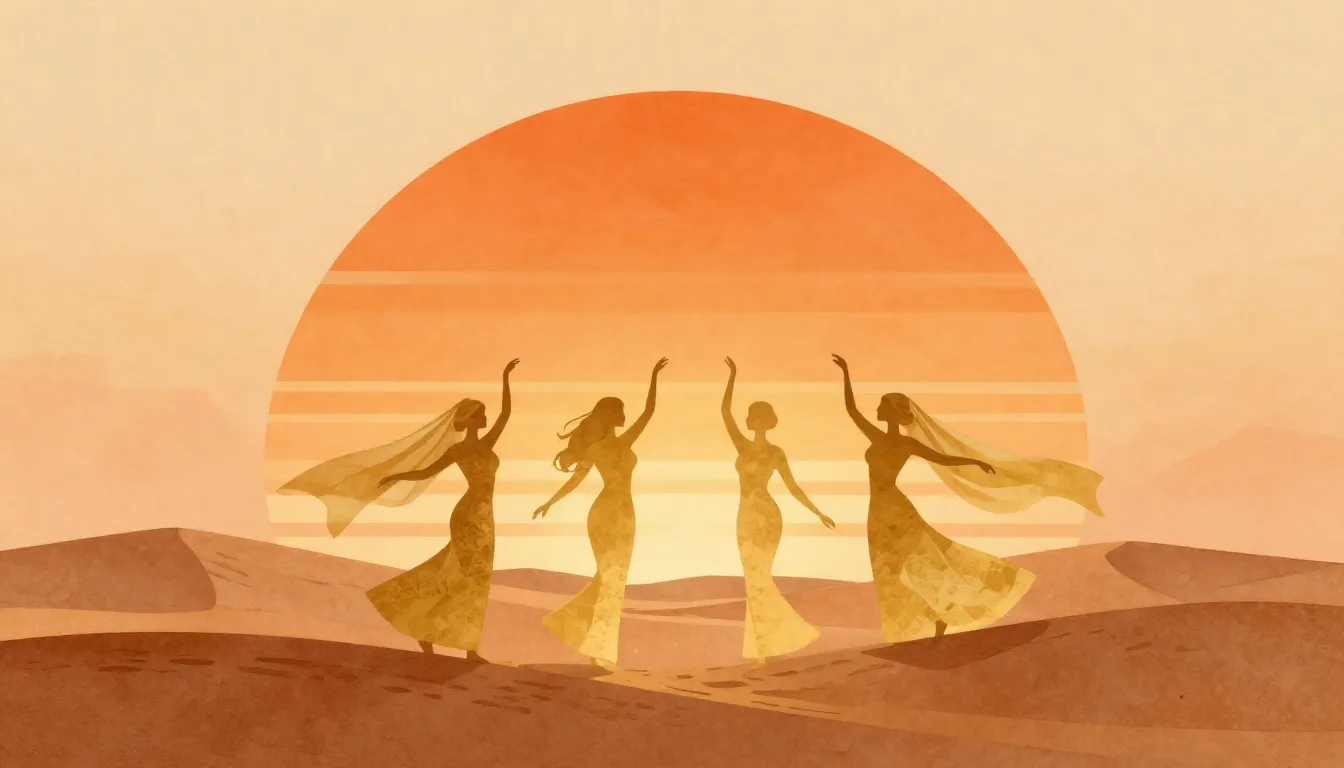 Watercolor style. Golden silhouettes of dancing women with f...