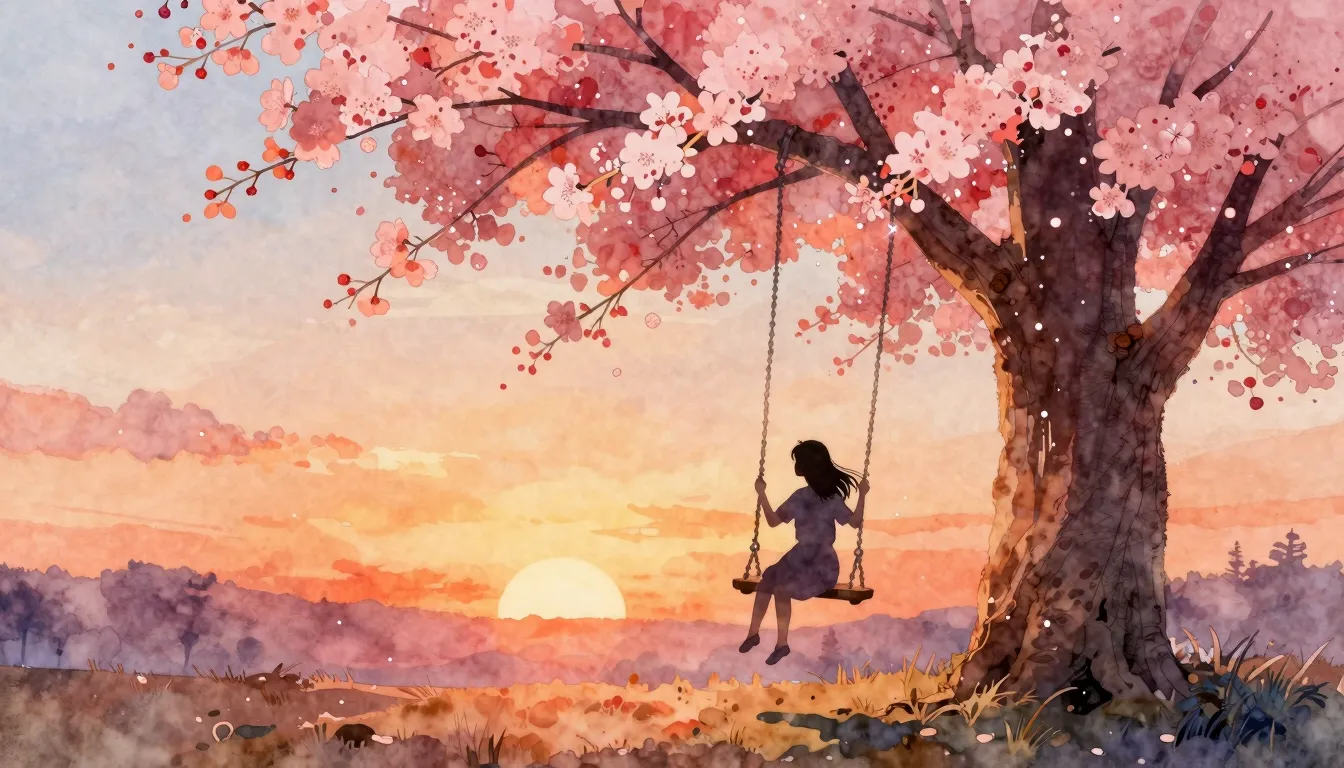 Watercolor style. A silhouette of a girl sitting on a swing ...