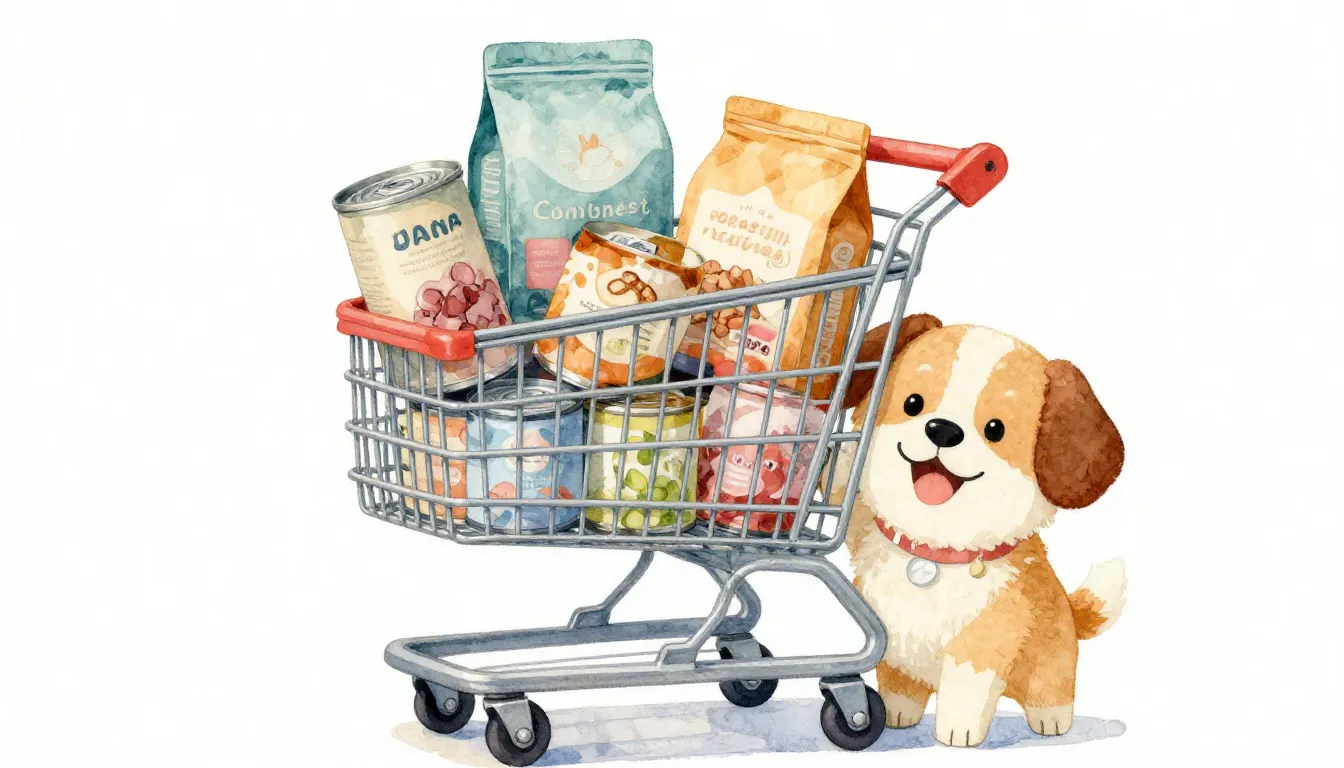 Watercolor style. A shopping cart filled with various pet fo...