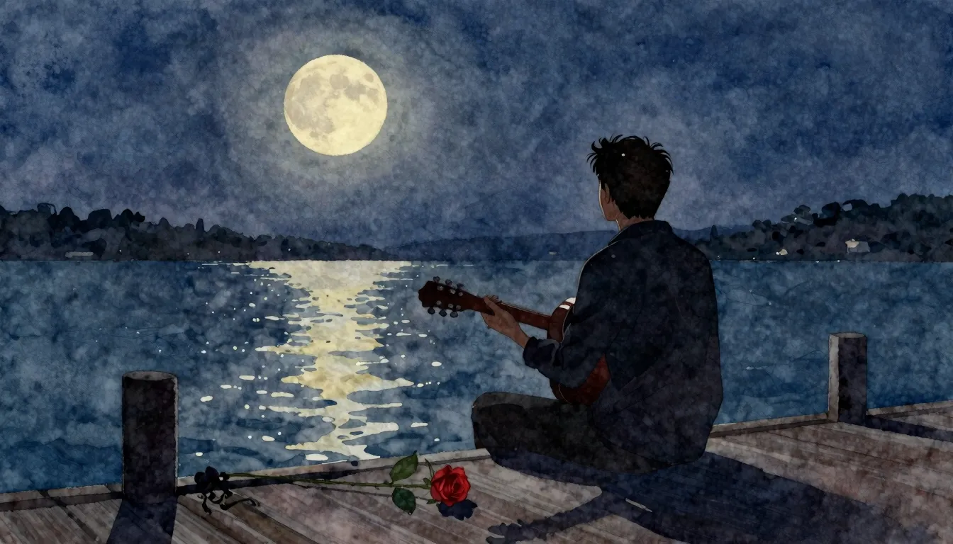 Watercolor style. A silhouette of a man with a guitar sittin...