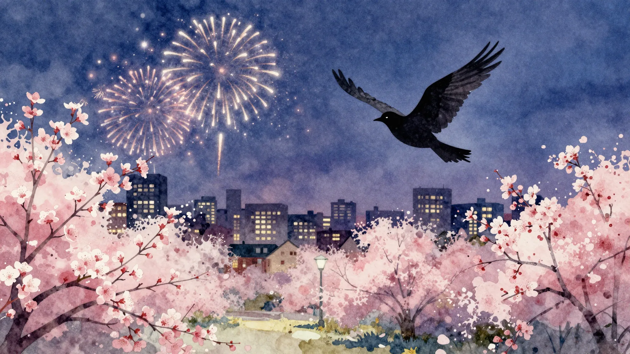 Watercolor style. Silhouette of a bird flying over a bloomin...