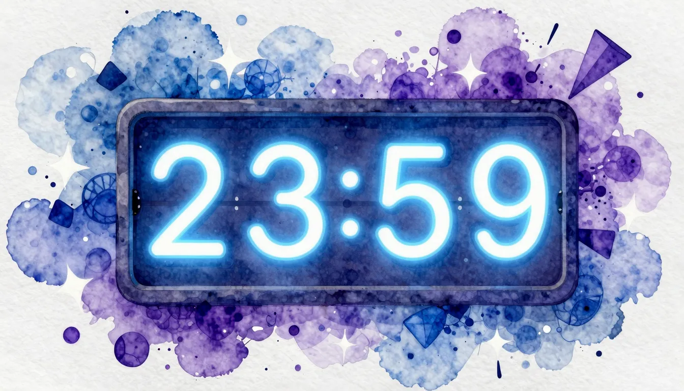 Watercolor style. A stylized digital countdown clock showing...