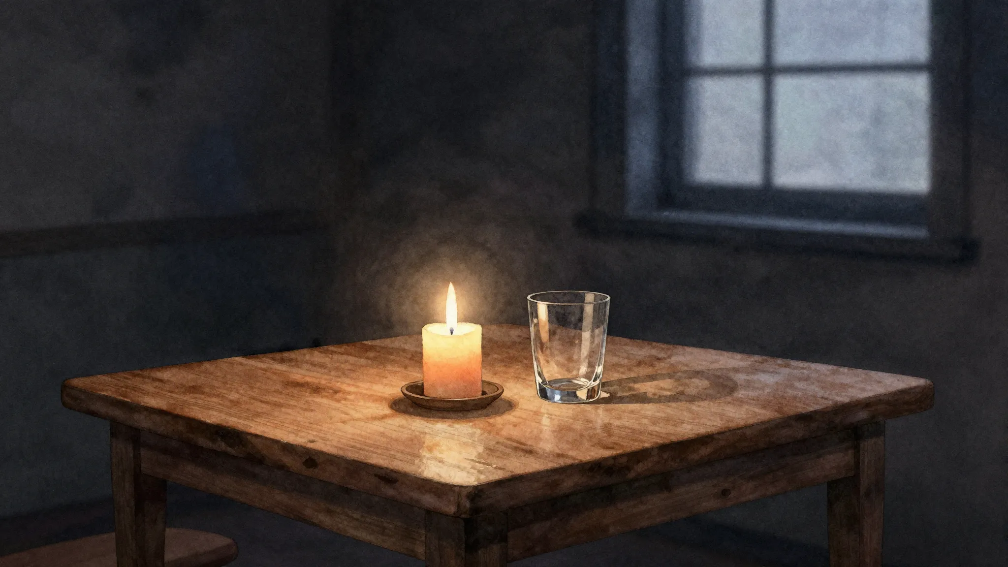 Watercolor style. A lonely wooden table with a single lit ca...