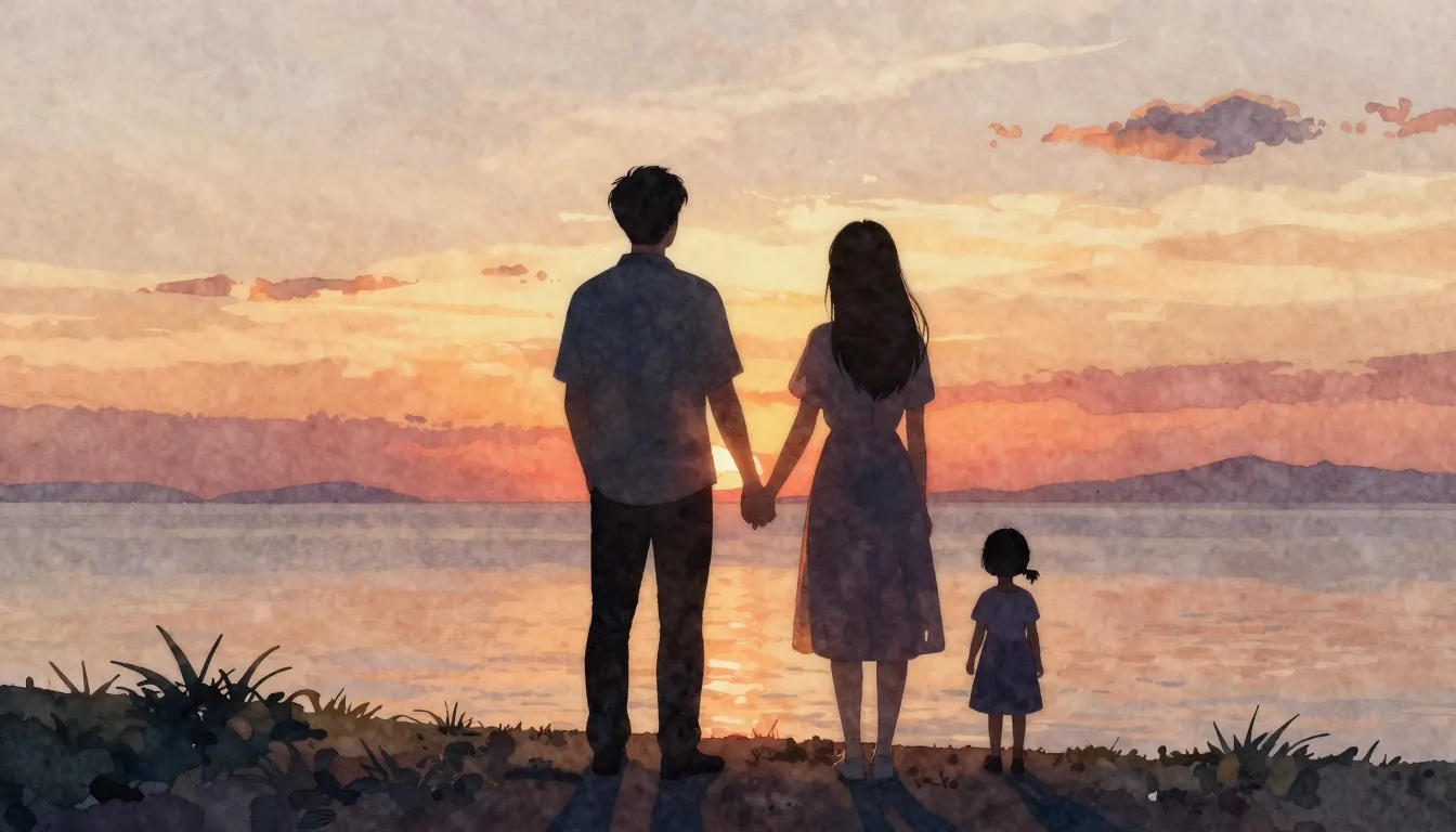 Watercolor style. A silhouette of a man and a woman holding ...