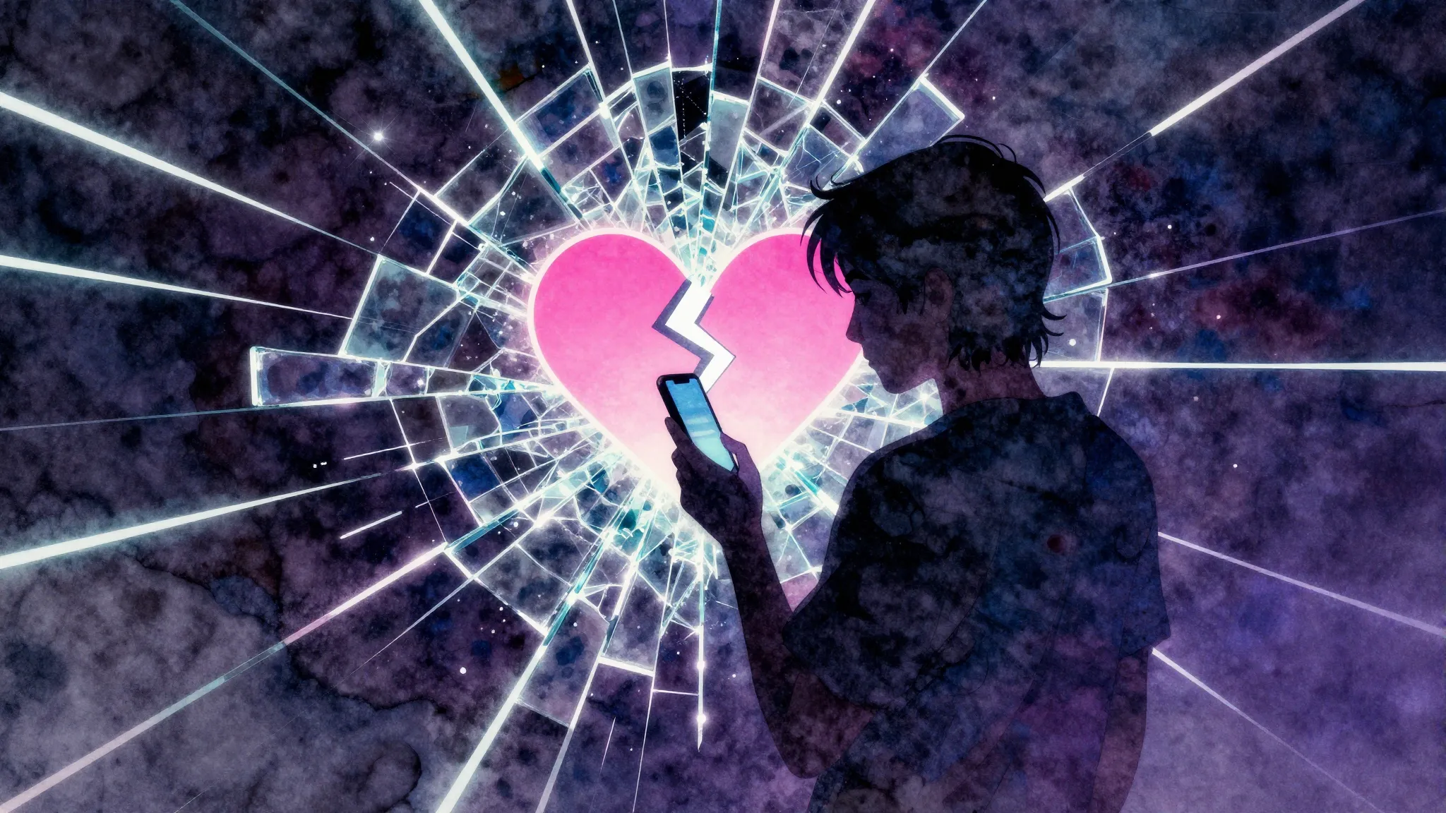 Vibrant watercolor style. Disco album cover, neon glow, shat...