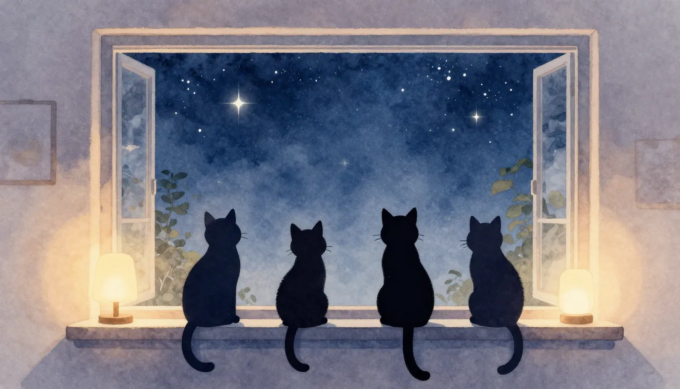 Watercolor style. A cozy room at twilight, silhouettes of fo...