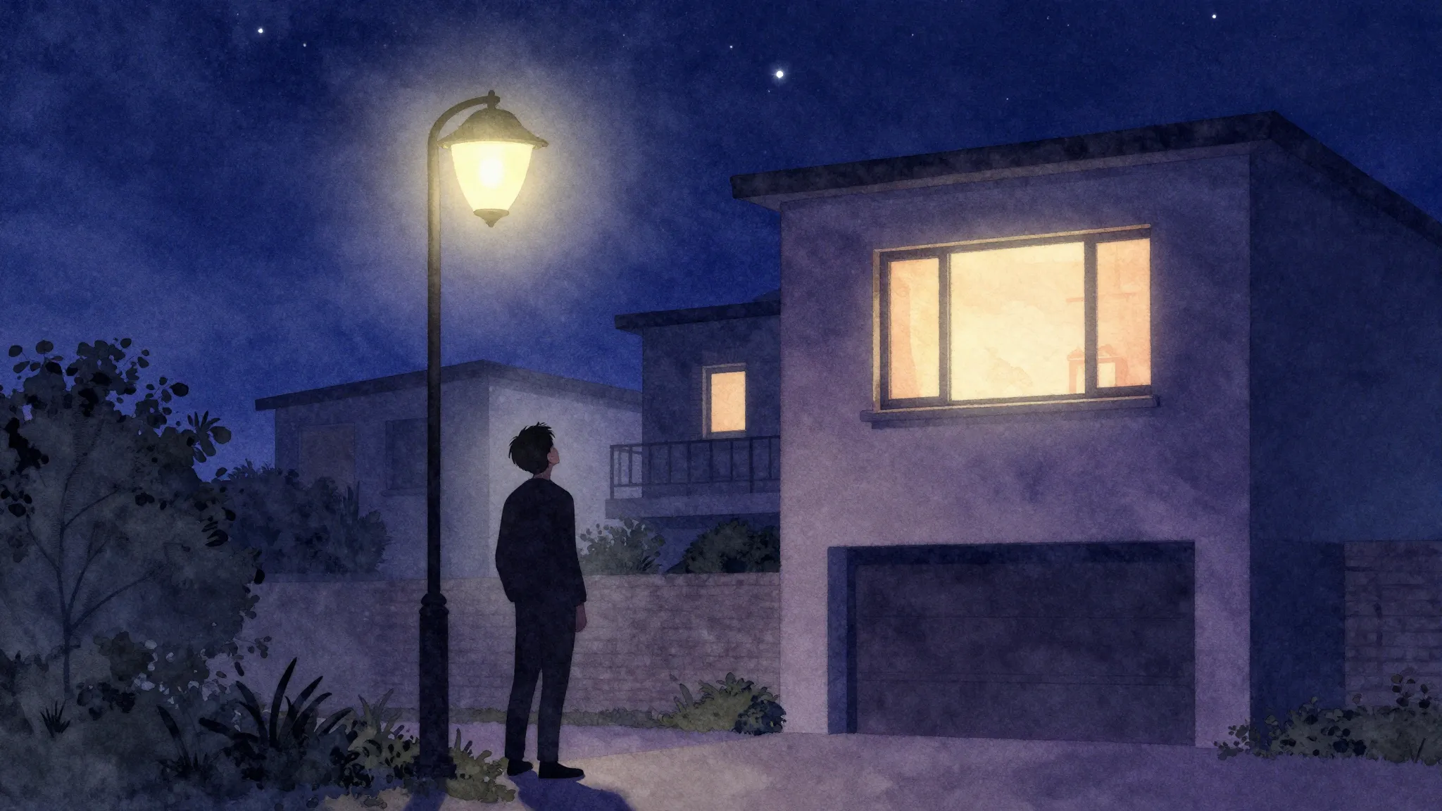 Watercolor style. A silhouette of a person standing under a ...