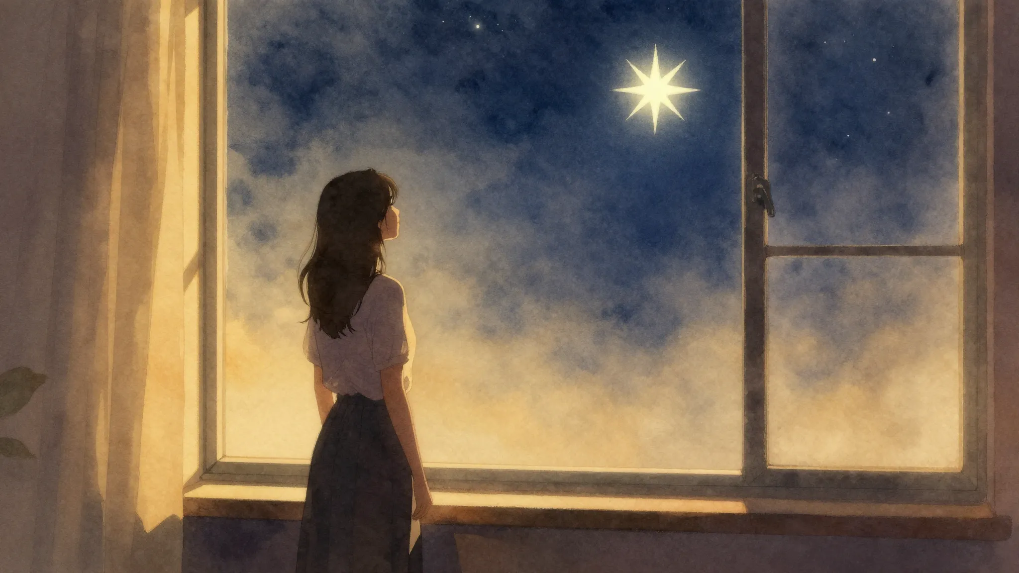 Watercolor style. A silhouette of a woman standing by a larg...