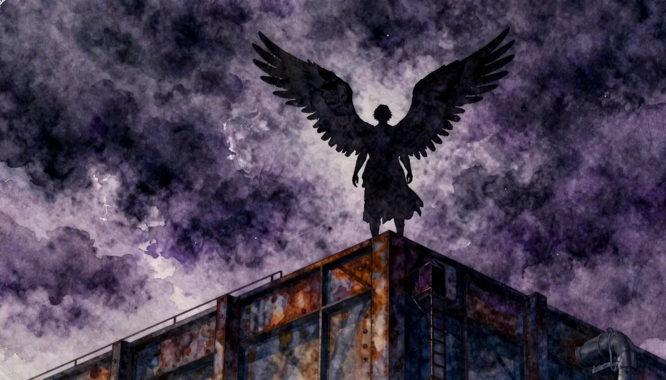 Watercolor style. A dark silhouette of a winged figure stand...
