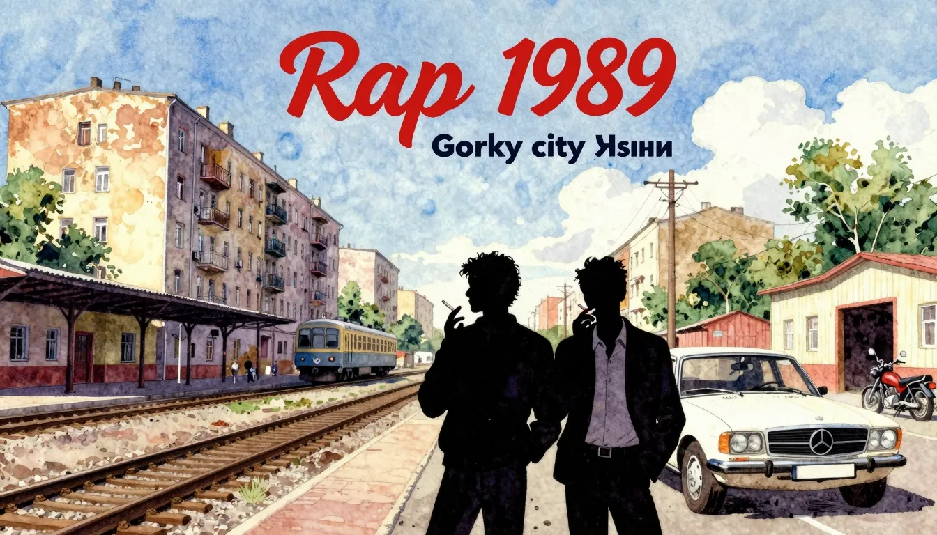 Vibrant watercolor style. "Rap album cover, 1989, Gorky city...