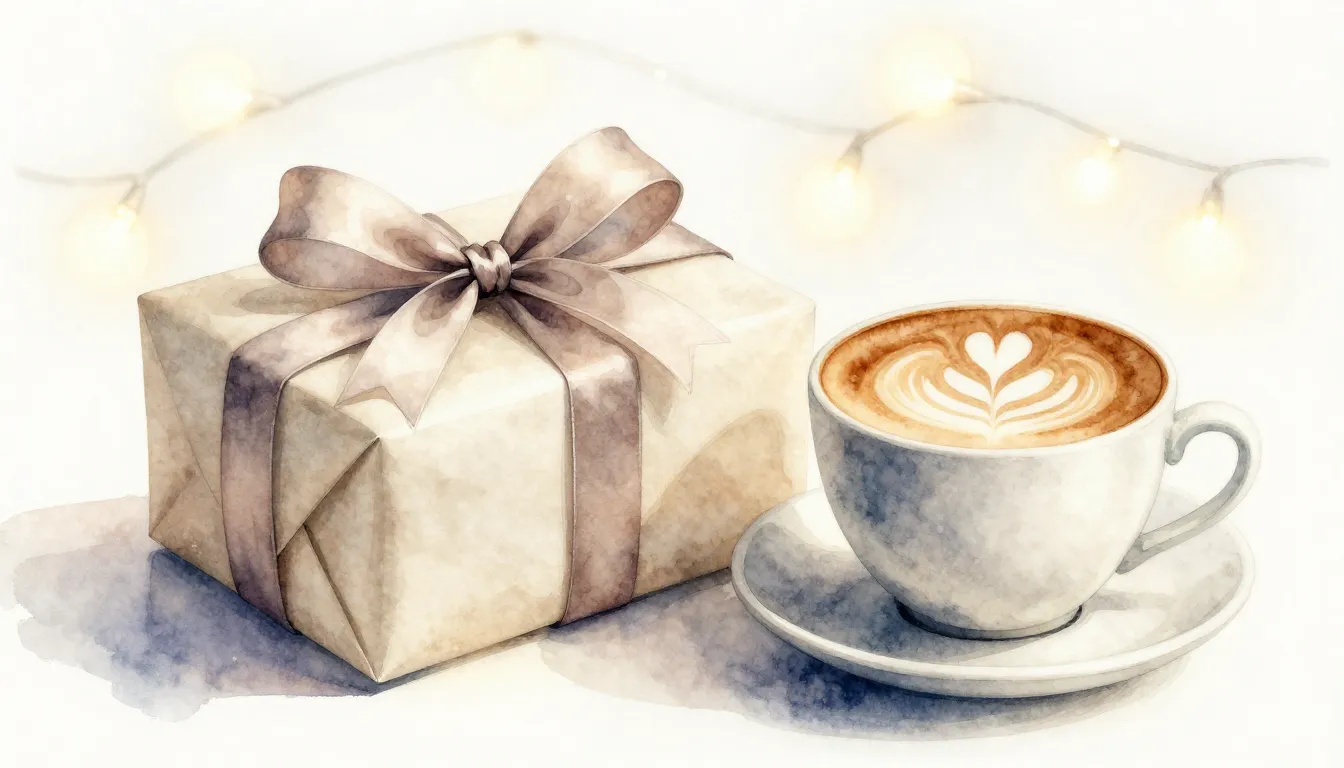 Watercolor style. A beautifully wrapped gift box with a silk...