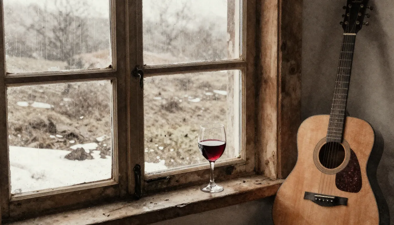 Watercolor style. A rustic wooden window frame looking out o...