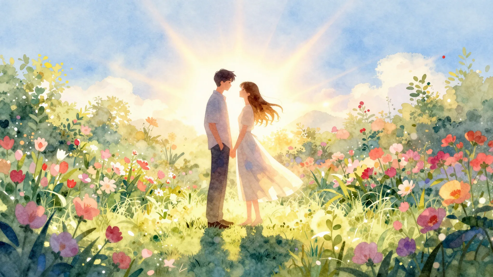 Watercolor style. A bright blooming garden under a radiant s...